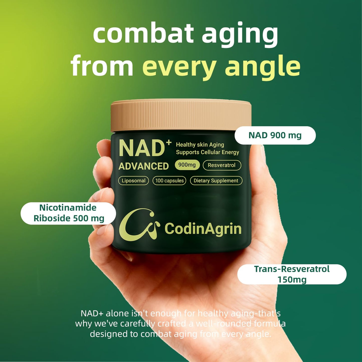 CodinAgrin NAD+ Supplement with Resveratrol 900mg Nicotinamide Adenine Dinucleotide Complex, 100 Capsules