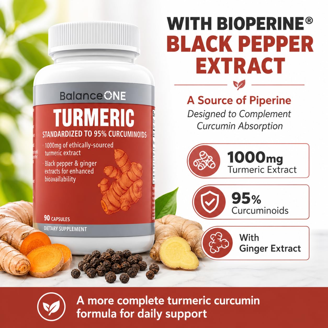 Balance ONE Turmeric Extract 1000mg Capsule, 90 Count with 95% Curcuminoids, Black Pepper Piperine & Ginger for Joint Comfort & Antioxidant Support