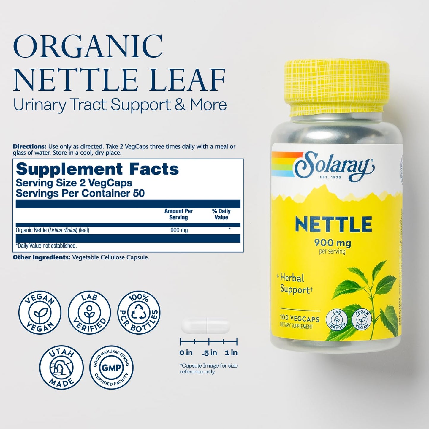 Solaray Nettle Leaf 900 mg Organic Supplement Capsule, Kidney Urinary and Prostate Support, Vegan, 100 VegCaps