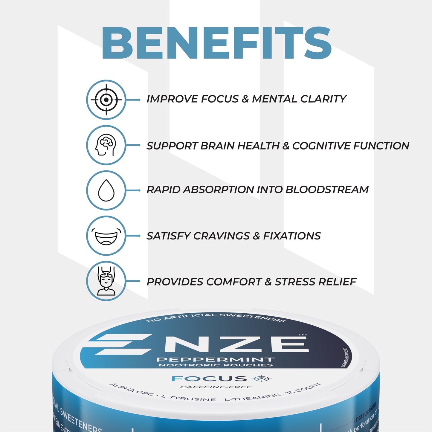 NZE Caffeine Free Nootropic Pouches (Peppermint) - Nootropic Pouches with Alpha GPC, L-Tyrosine & L-Theanine - No Sugar or Artificial Sweeteners - 5 Caplets