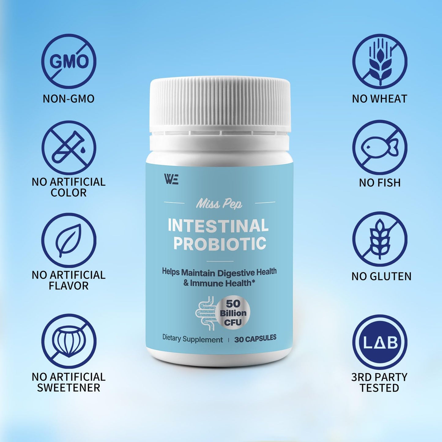 MISS PEP Probiotics 50 Billion CFU - 8 Unique Strains + 3 Prebiotics - Immune, Digestive & Gut Health - Supports Occasional Constipation, Diarrhea, Gas & Bloating - Probiotics for Women & Men - Capsules 30 Count