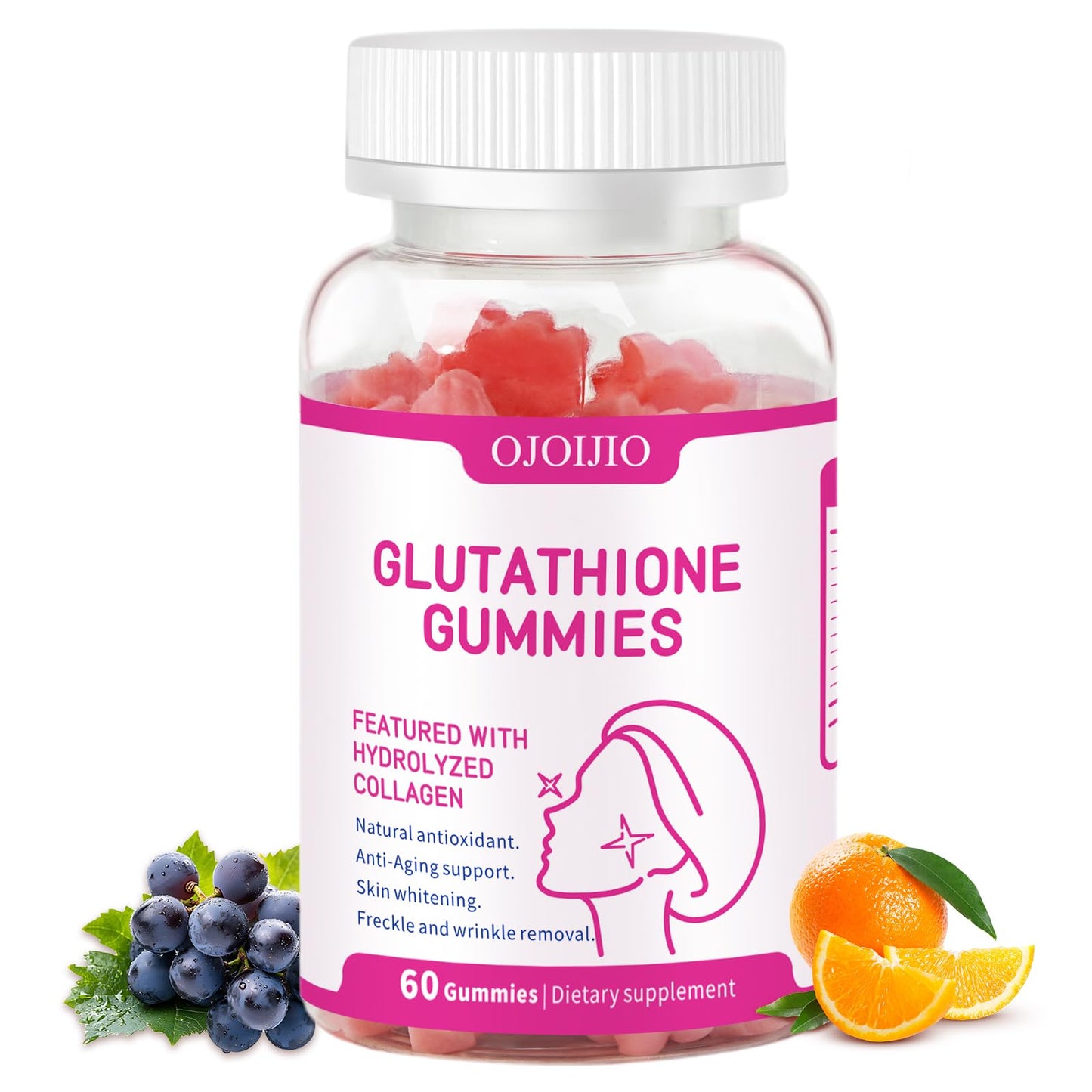 OJOIJIO Glutathione 5000mg Gummies with Marine Collagen - Skin Brightening & Anti-Aging Supplement, Supports Wrinkle & Dark Spot Reduction - Halal, GMP Certified 60 Chewables