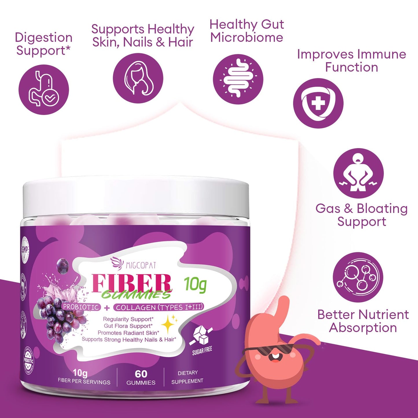 Migcopat 10G Fiber Gummies with Collagen Peptides, Grape Flavor, 60 Gummies