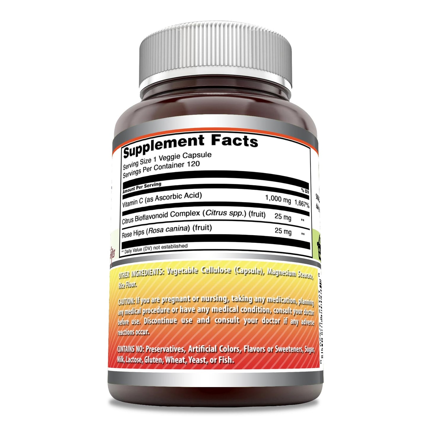 Amazing Nutrition Vitamin C (Ascorbic Acid) 1000 mg with Rose Hips & Citrus Bioflavonoids Veggie Capsules 120 Count