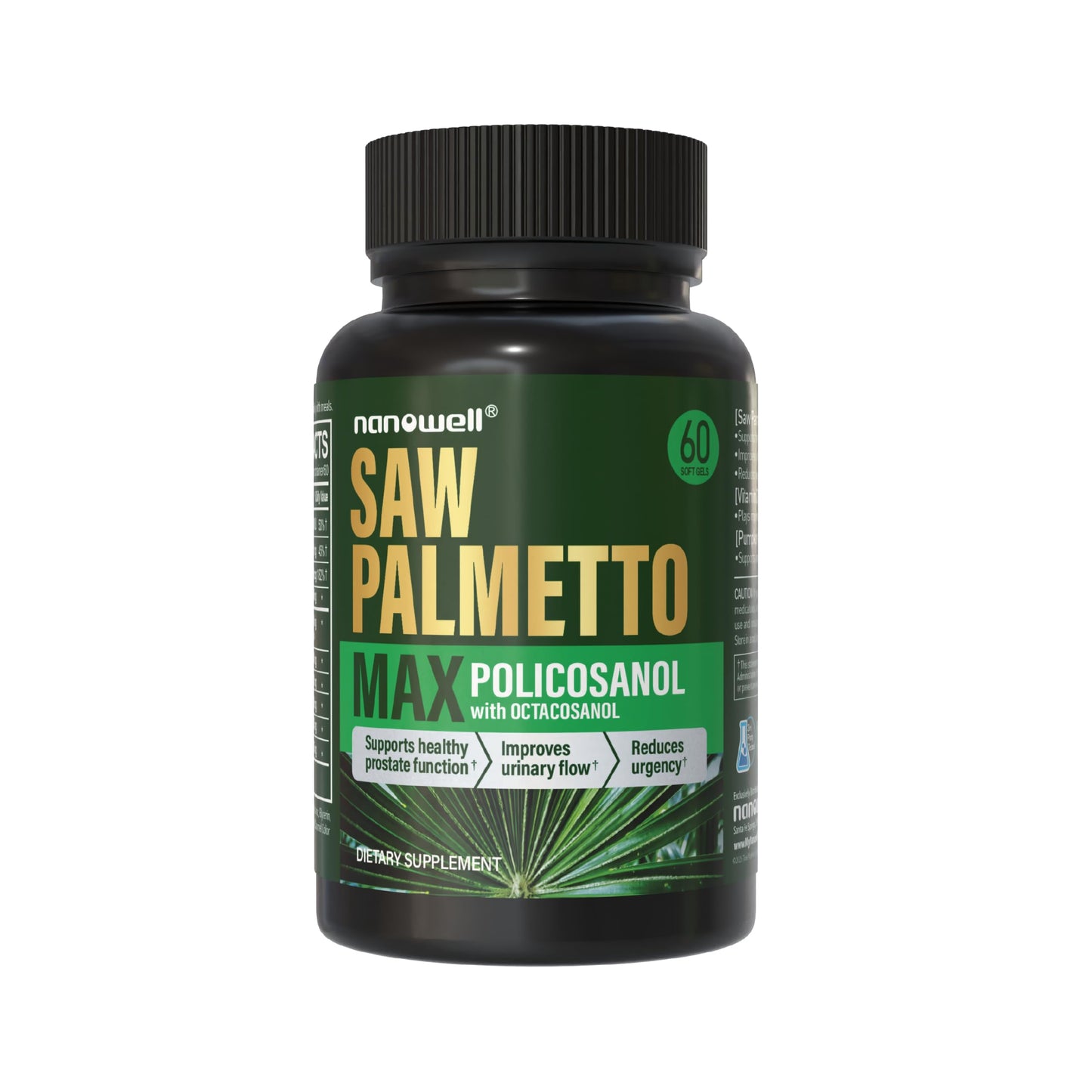 NANOWELL Saw Palmetto MAX Supplement with Vitamin D3, Zinc, and Selenium Softgels, 60 Count