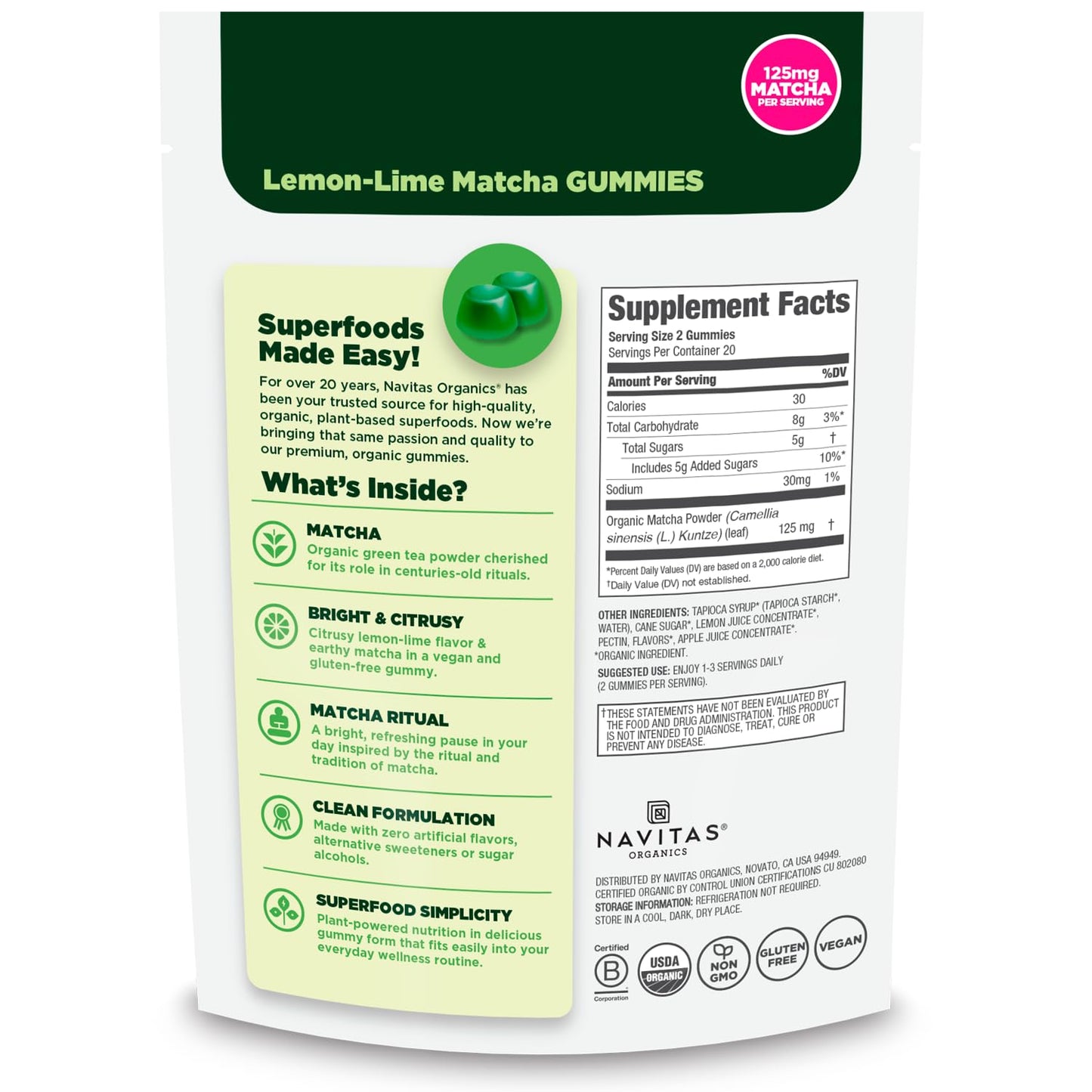 Navitas Organics Lemon Lime Matcha Gummies – 125mg Matcha Per Serving – 7 Count