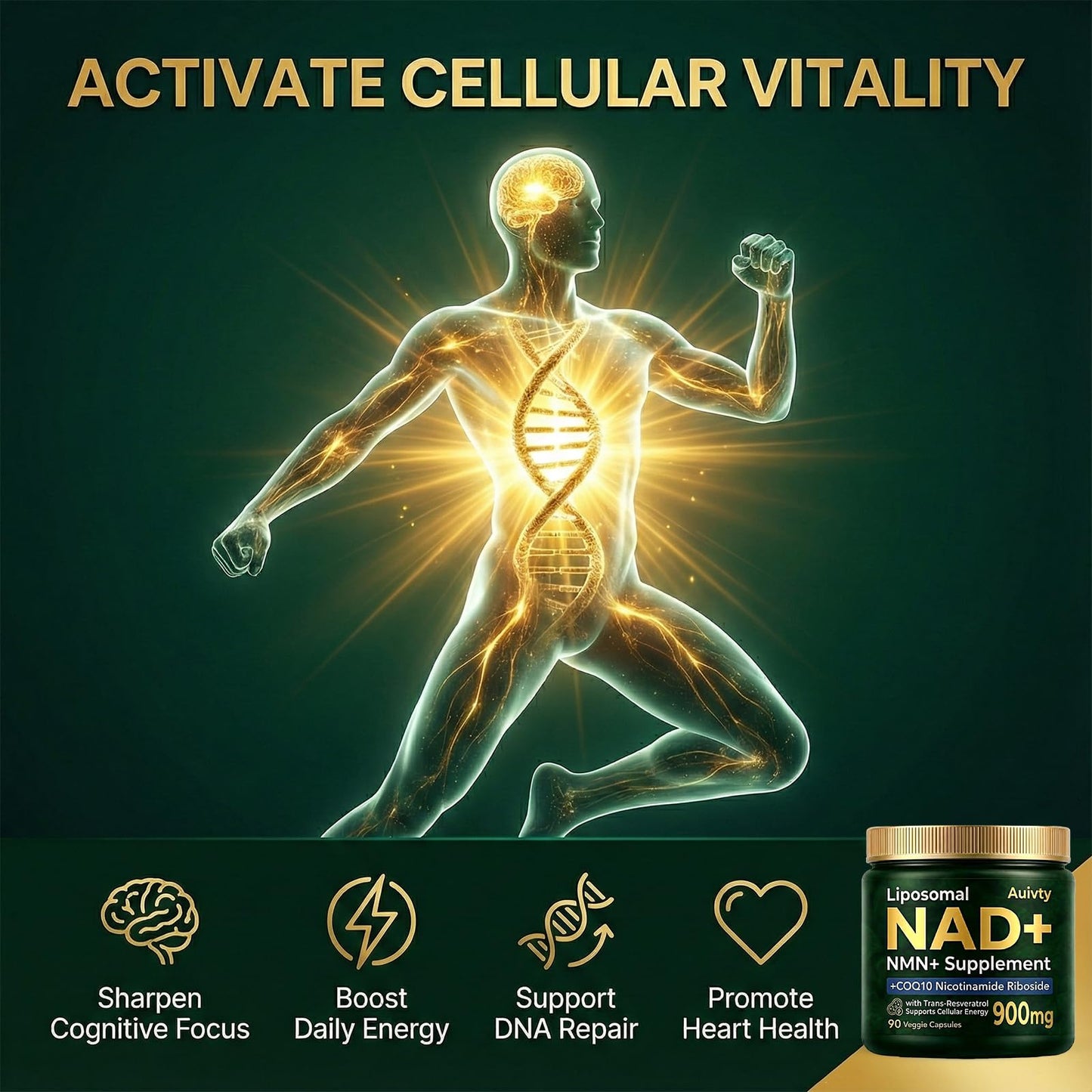 Auivty Liposomal NAD+ NMN Supplement with COQ10, Nicotinamide Riboside, Trans-Resveratrol, 900mg, 90 Capsules