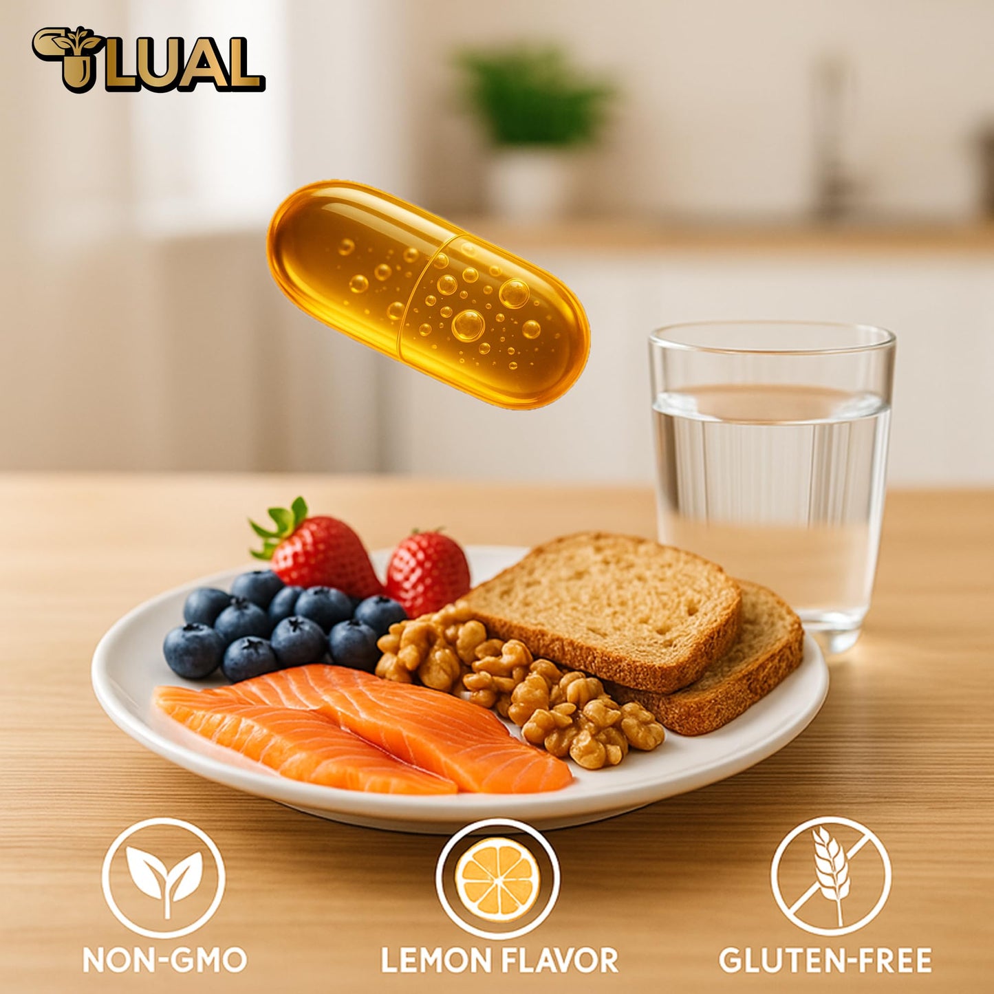 LUAL Omega-3 Fish Oil Softgels 1000mg, EPA & DHA, Lemon Flavor, Burpless, Non-GMO, 120 Count
