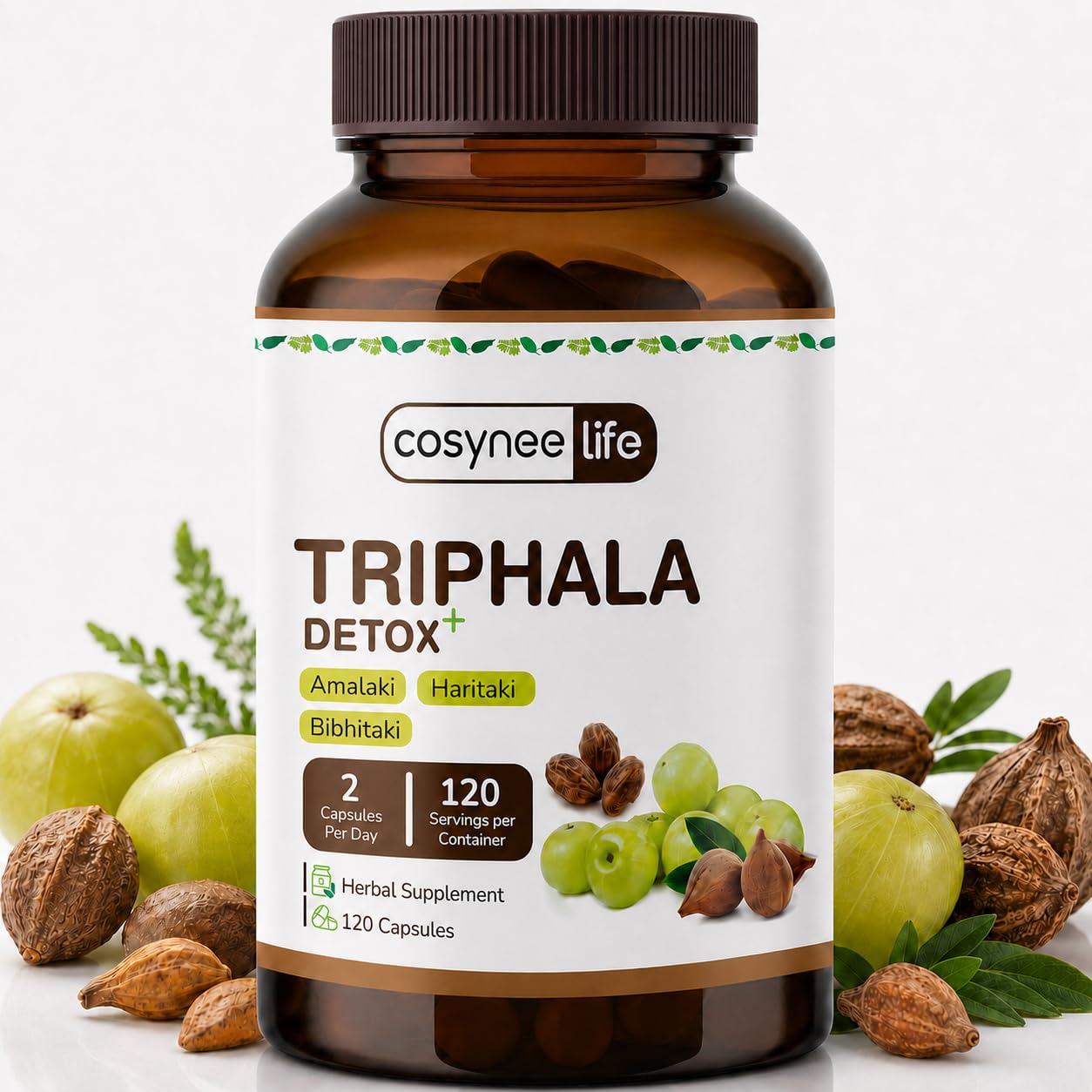 Cosynee Life Triphala Capsules 300 mg (1:1:1 Ratio) with Amla, Haritaki & Bibhitaki, 120 Capsules
