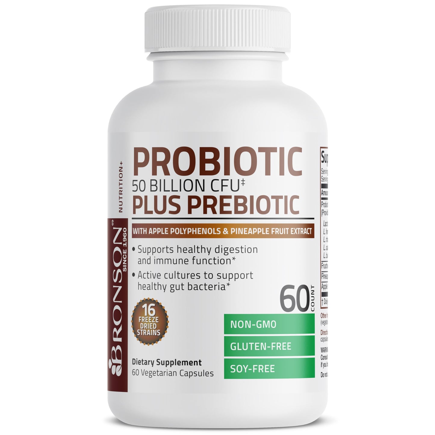 Bronson Probiotic 50 Billion CFU + Prebiotic with Apple Polyphenols & Pineapple Fruit Extract for Women & Men Capsules, 60 Count