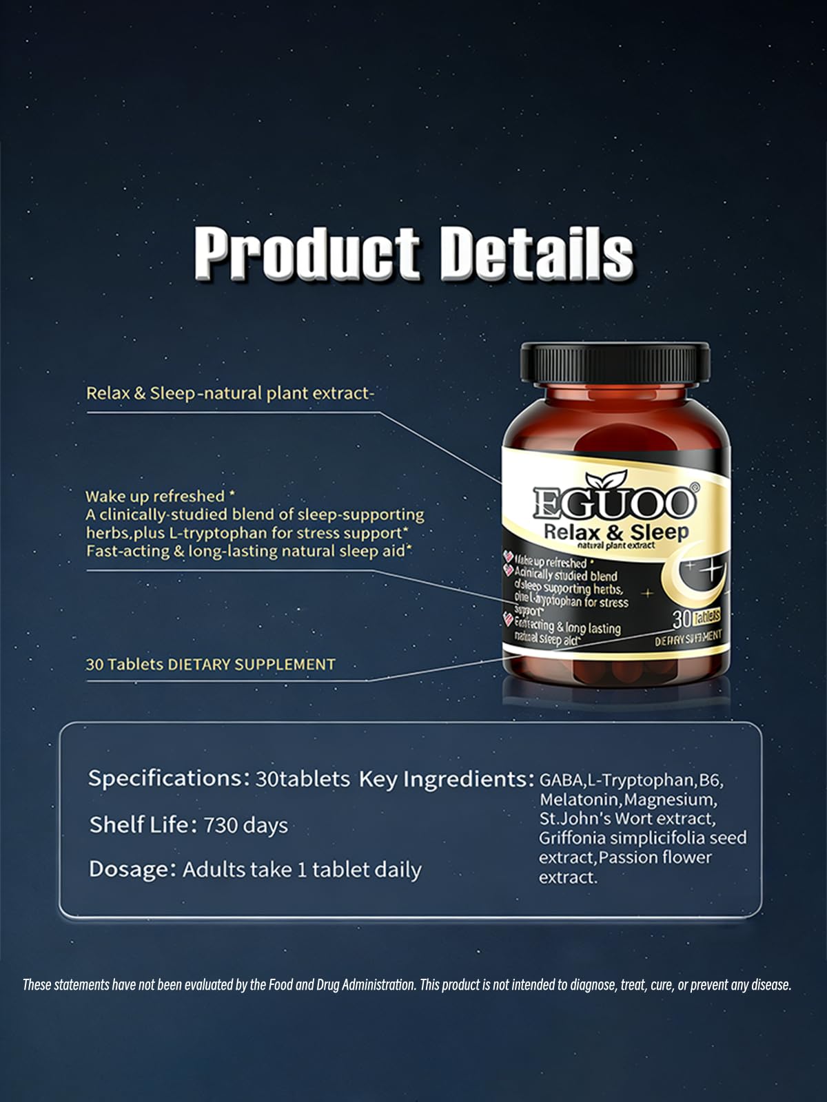 EGUOO Relax & Sleep Supplement for Adults Tablet 30 Tablets