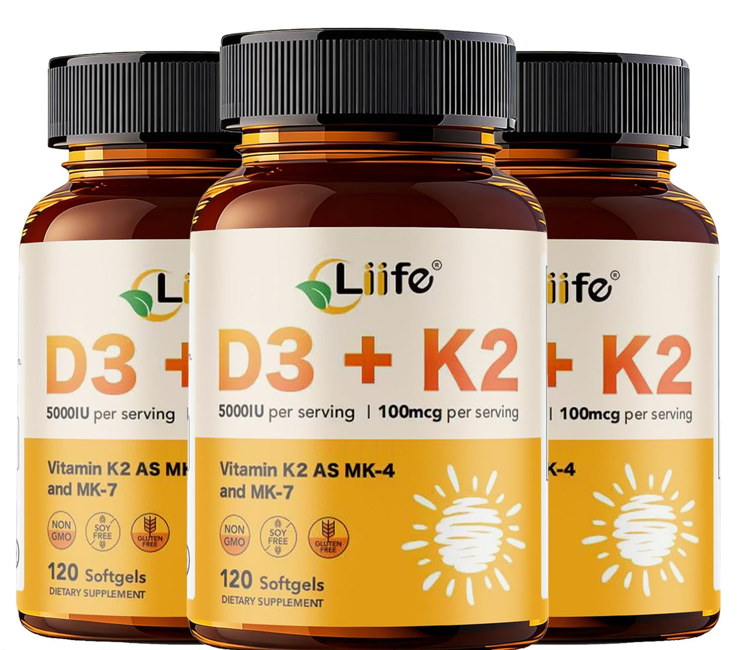 LIIFE Vitamin D3 + K2 (5000 IU D3 / 100mcg MK7 and MK4) Softgels, 360 Count