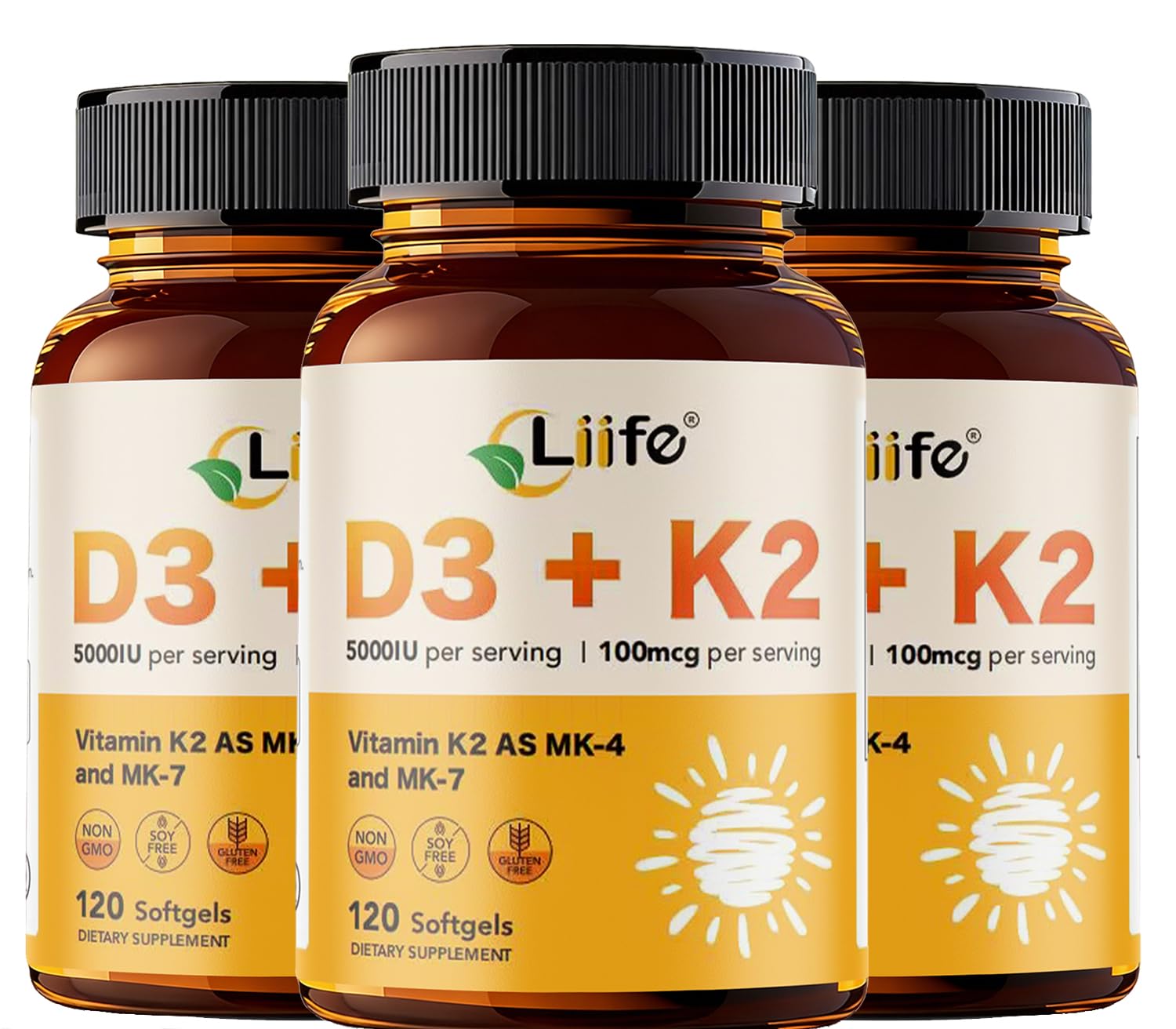 LIIFE Vitamin D3 + K2 (5000 IU D3 / 100mcg MK7 and MK4) Softgels, 360 Count