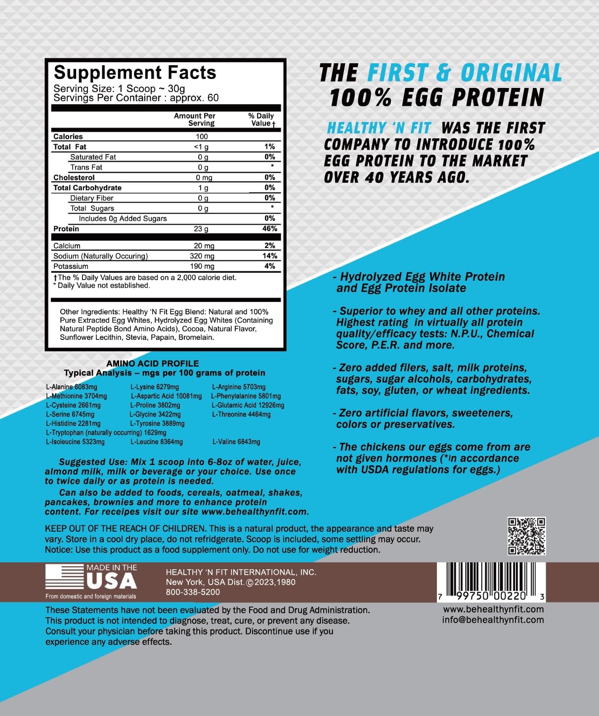 Healthy 'N Fit 100% Egg Protein Powder - Chocolate, 64 Servings