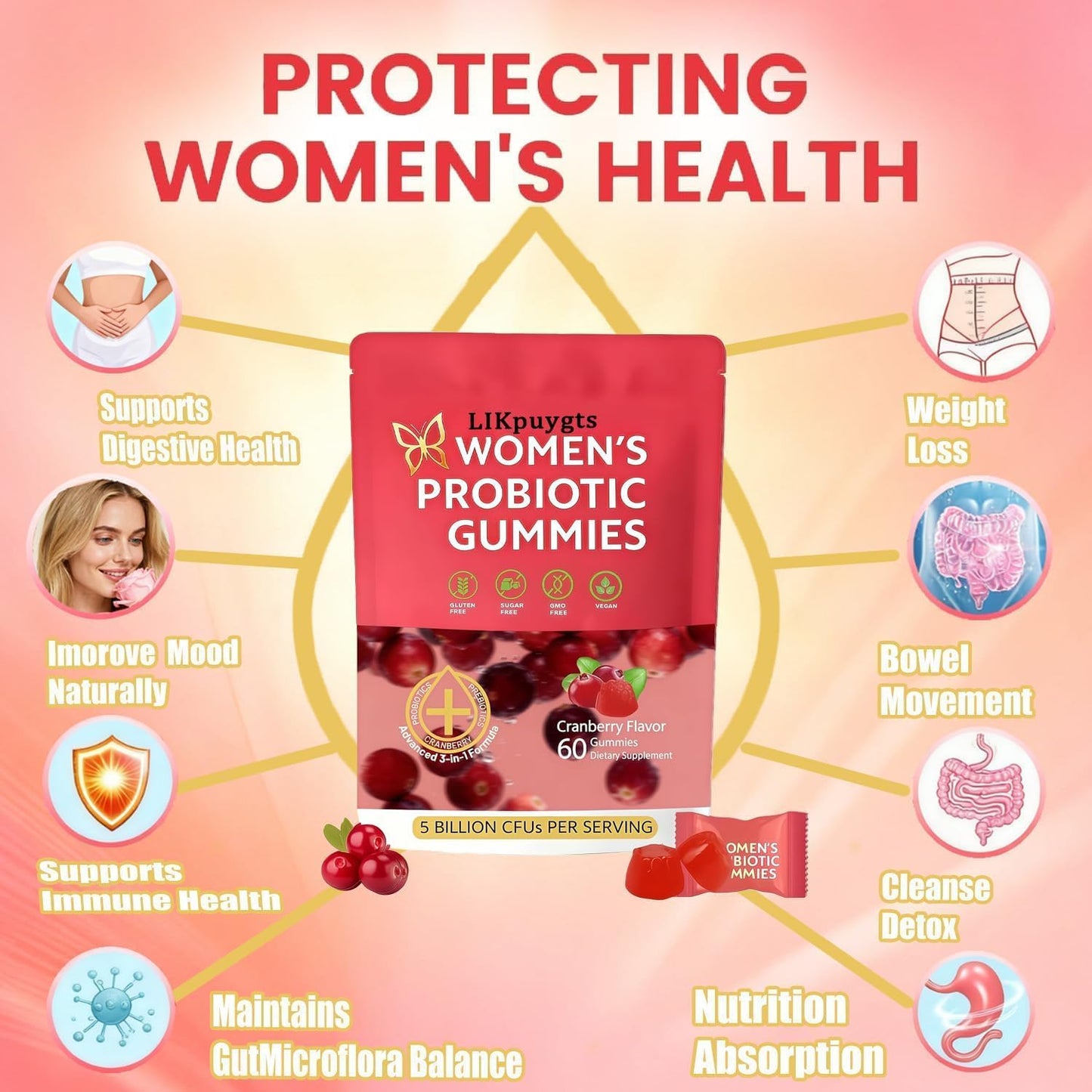 Llkpuygts Prebiotic Probiotic Gummies for Women, 60 Count