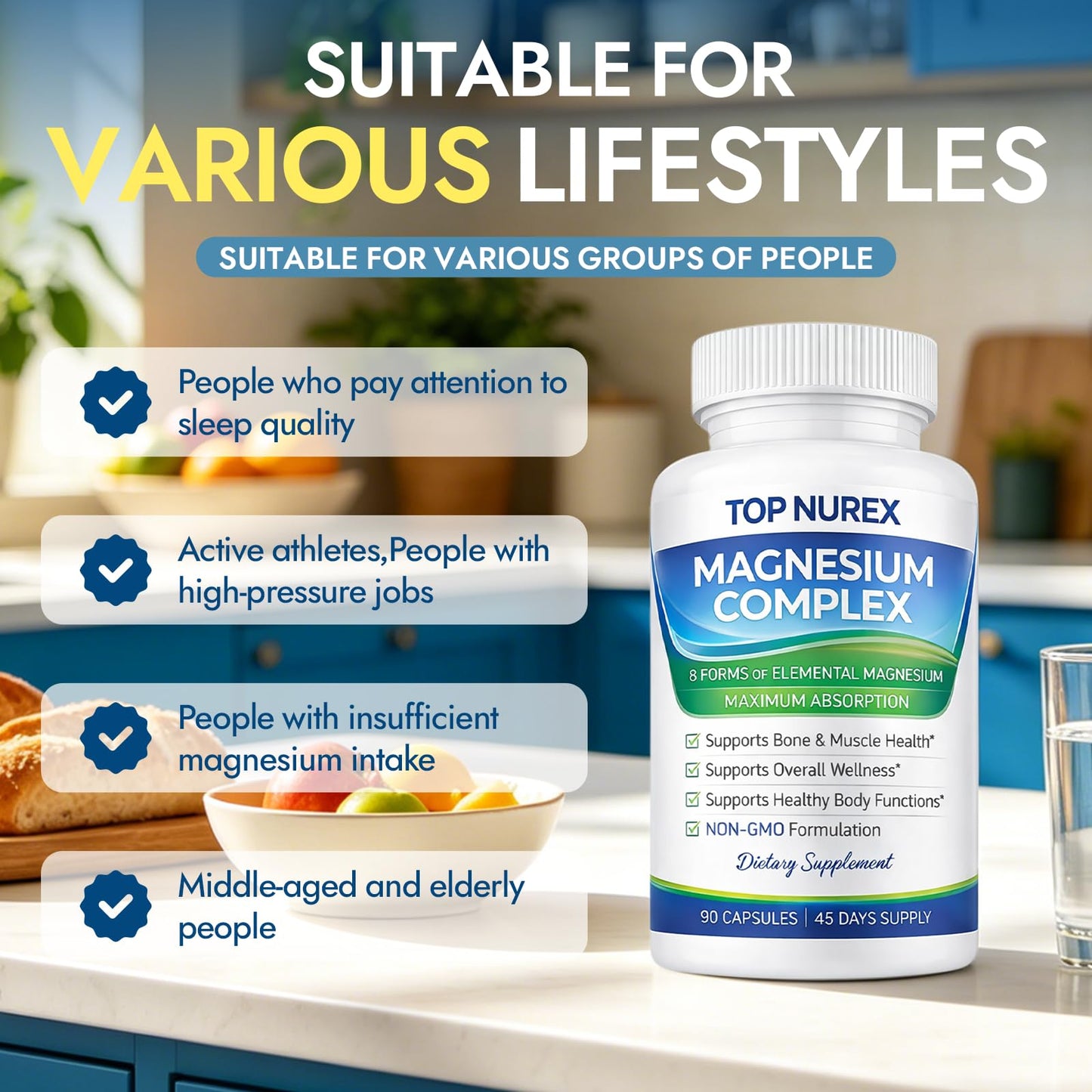 Top Nurex Magnesium Complex 1000 mg, 8-Source Magnesium Blend with Glycinate, Citrate, Malate & Taurate, Vegan Formula, Non-GMO, 90 Capsules