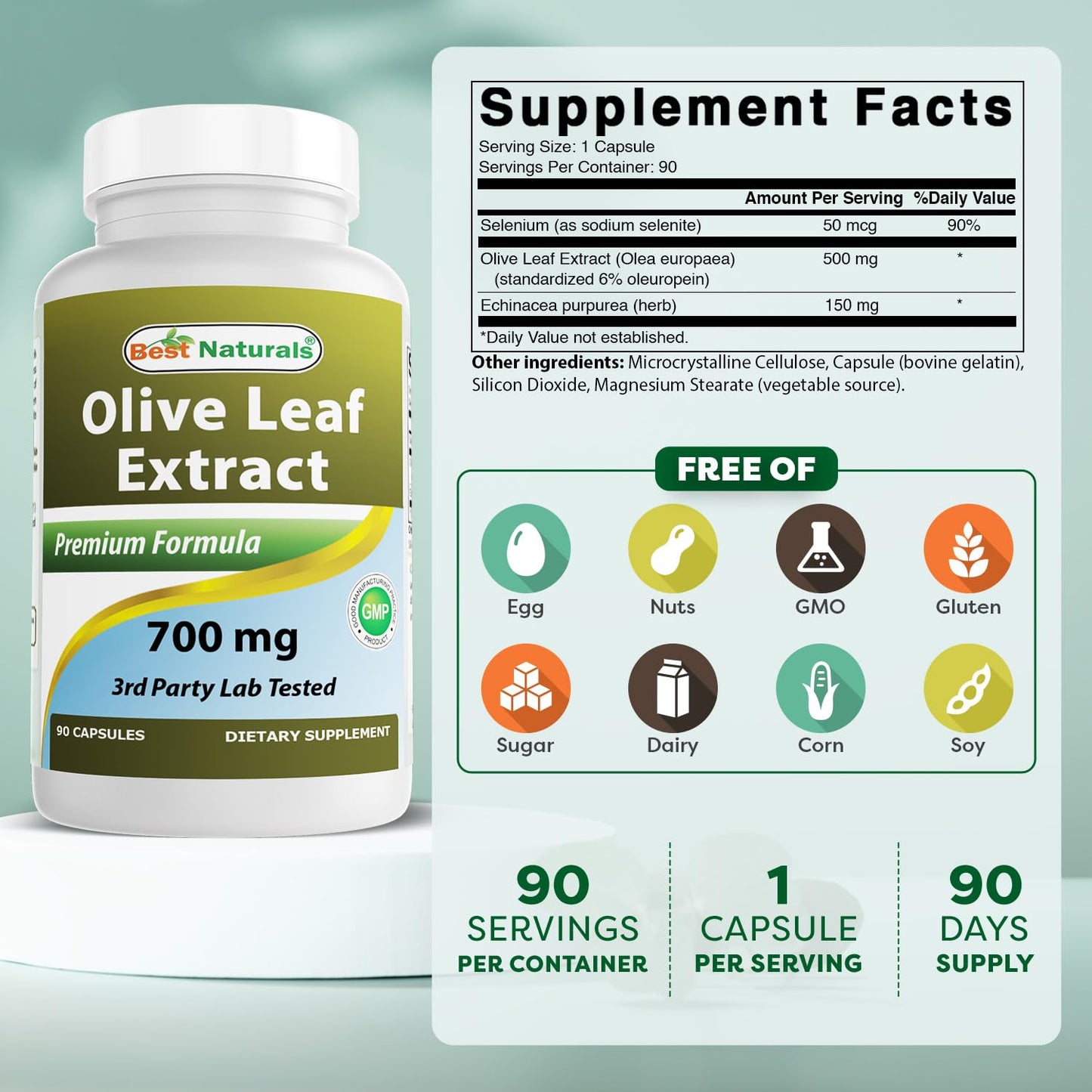 Best Naturals Olive Leaf Extract 700 mg Capsules, 90 Count