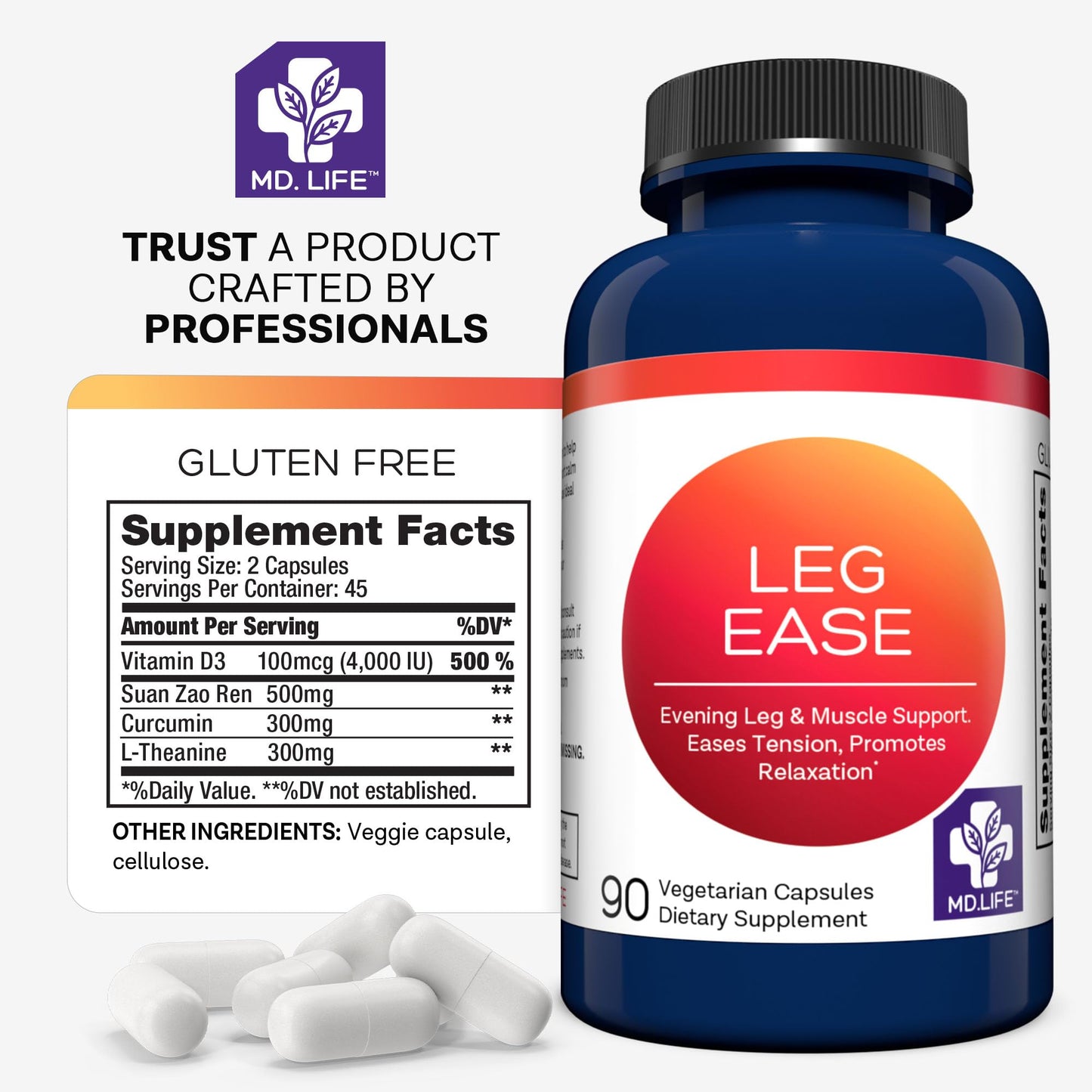 MD.LIFE LegEase Herbal Muscle and Leg Relaxation Capsules, 90 Count