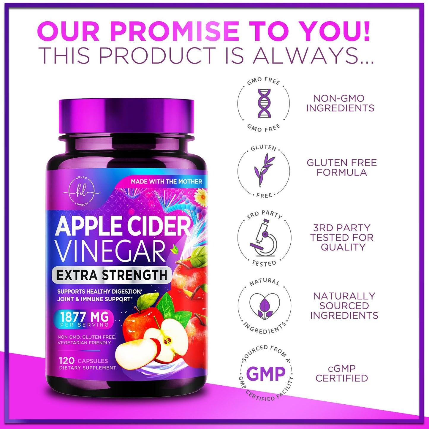 Hello Lovely! Apple Cider Vinegar 1877mg Per Serving Extra Strength ACV Capsules with Vitamin D3, Non-GMO, Sourced from The Mother, 120 Capsules