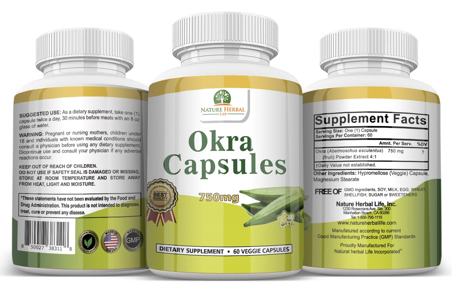Nature Herbal Life Okra Capsules 750 mg, 60 Capsules