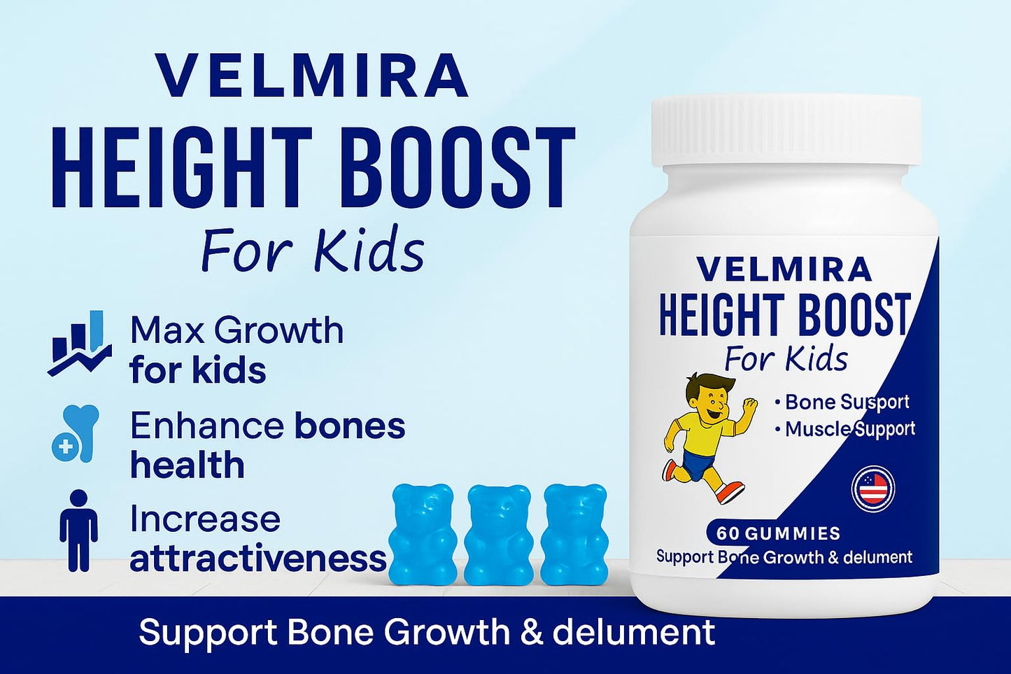 Velmira Heightener Gummies for Bone Health & Development Support – Essential Vitamins & Minerals, Easy-to-Chew Gummies for Kids, Teens & Adults (Ages 5+), 60 Gummies