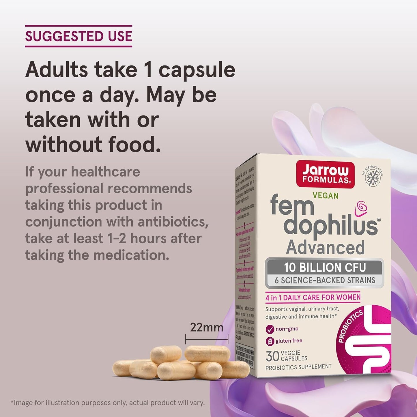 Jarrow Formulas Fem-Dophilus Advanced Vaginal & Digestive Probiotics 10 Billion CFU for Vaginal, Urinary Tract, Digestive & Immune Support, 60 Capsules