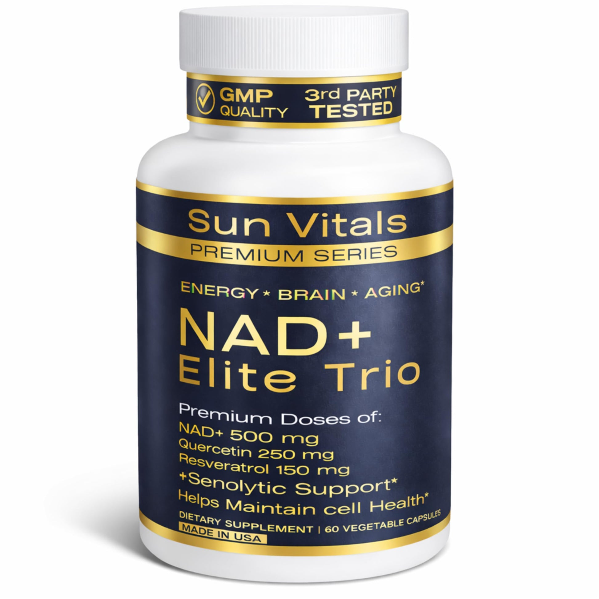 Sun Vitals Natural NAD+ Supplement 500 mg with Resveratrol & Quercetin, 60 Capsules