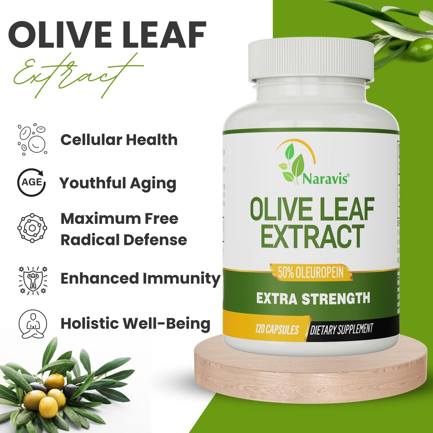 Naravis Olive Leaf Extract 50% Oleuropein Immune Support Capsules 120