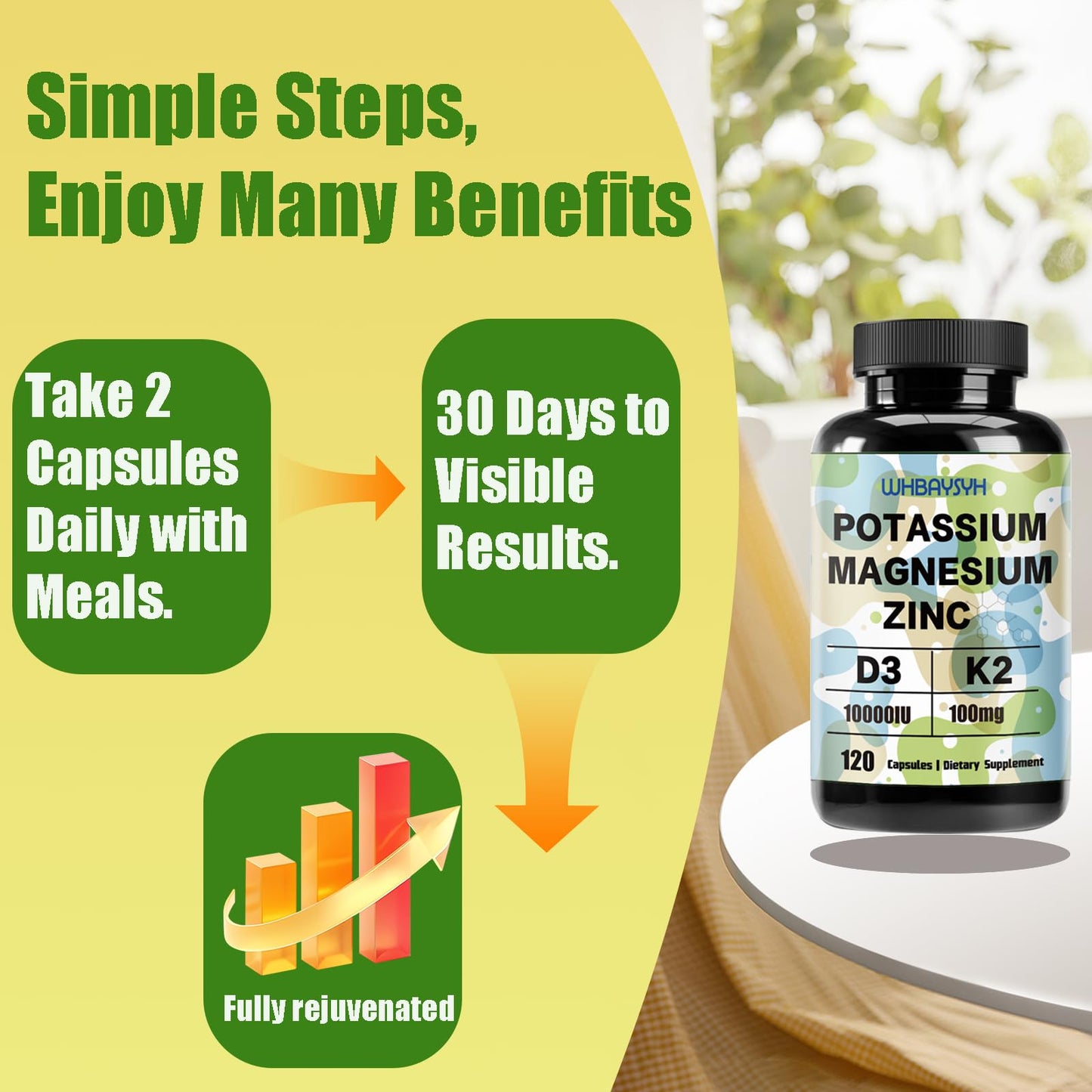 WHBAYSYH Potassium Magnesium Zinc with Vitamin D3 & K2 Capsules 120 Count