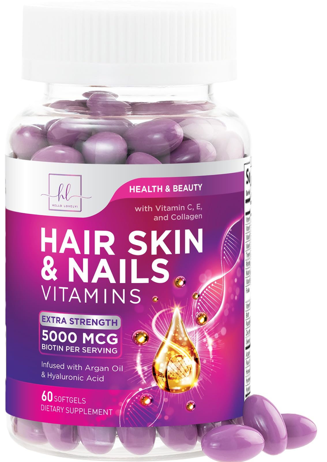 Hello Lovely! Hair Growth Vitamins for Women - Argan-Infused Supplement with Collagen, Biotin & Hyaluronic Acid - Supports Hair, Skin & Nails - 60 Softgels
