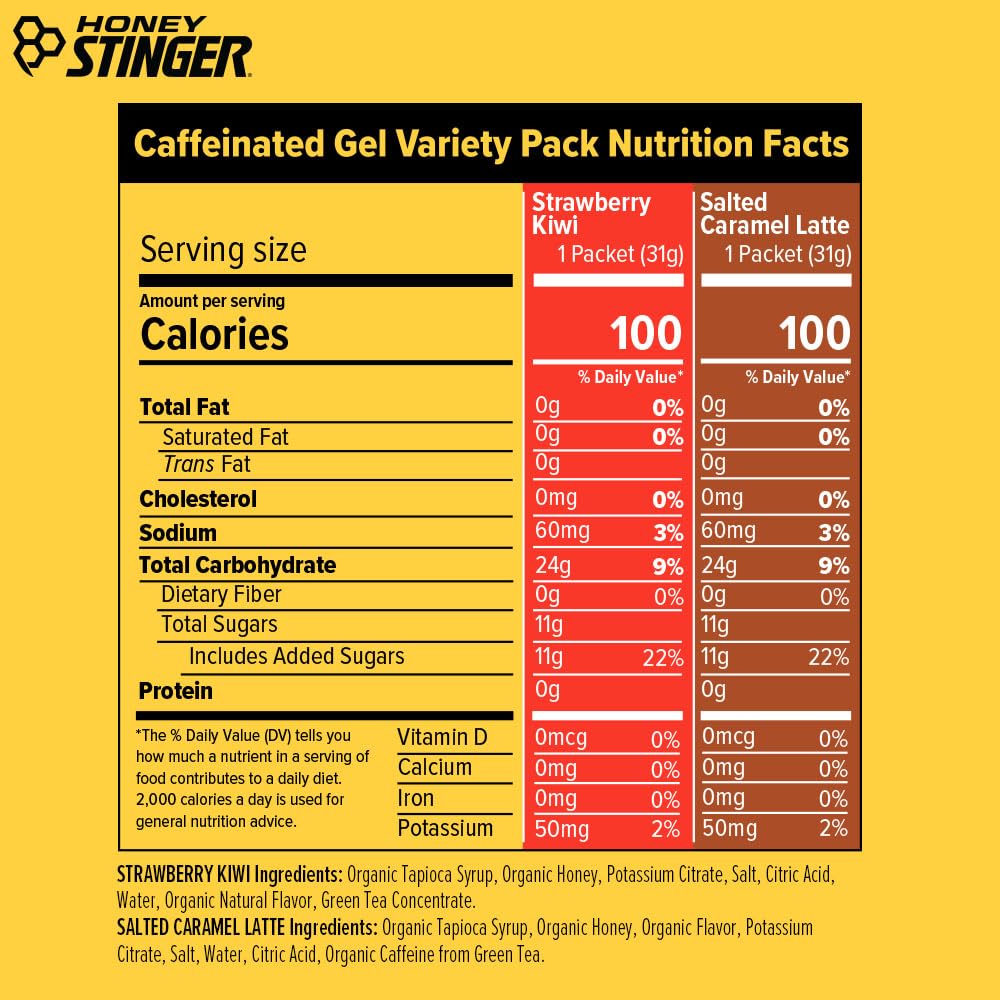 Honey Stinger Caffeinated Organic Energy Gel Variety Pack of 24, 12 Packs Each of Salted Caramel Latte & Strawberry Kiwi, Caffeinated & Gluten Free, for All Exercises, Sports Nutrition for Home & Gym