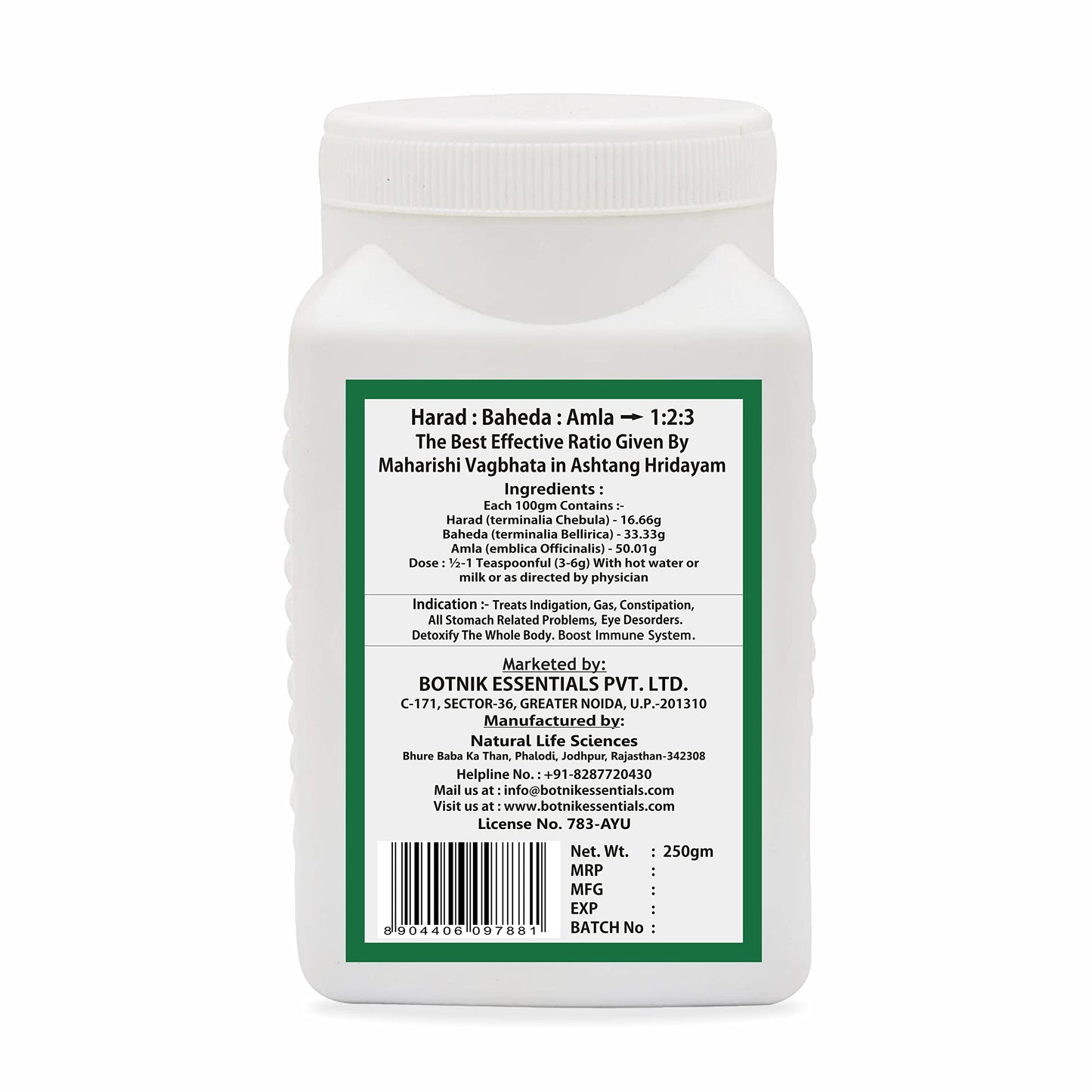 BOTNIK ESSENTIALS 100% Organic Triphala 1:2:3 Churna Powder, 250g