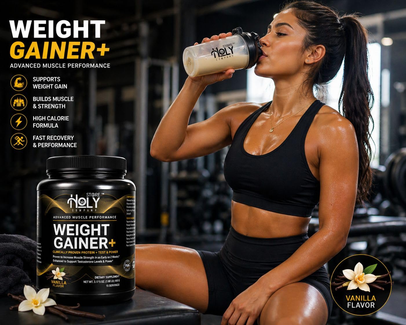 Holy Store Company Weight Gainer Protein Powder Muscle Mass Builder Vanilla Flavor, 31.75