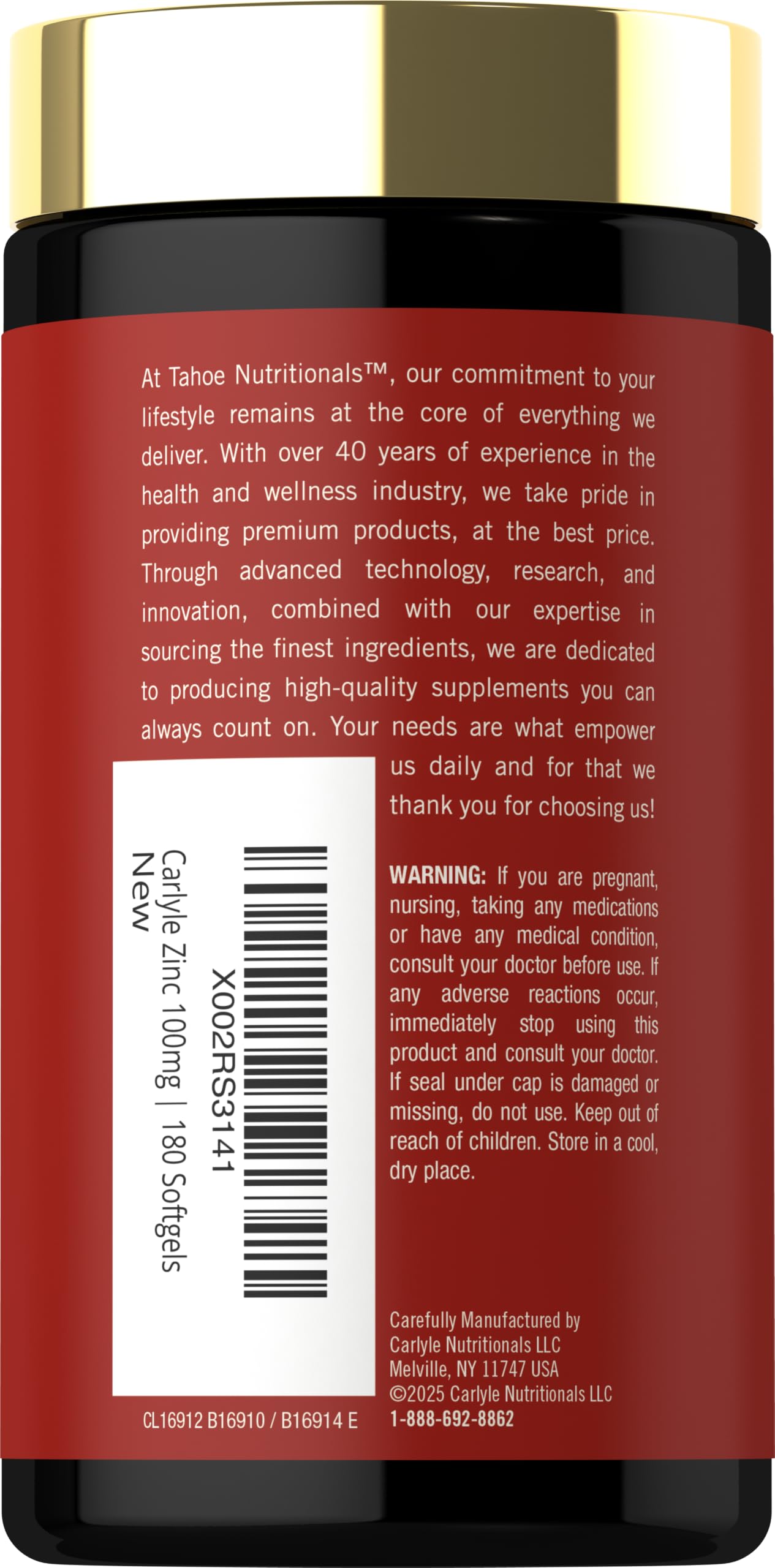 Carlyle Zinc Supplement 100mg with Vitamin C Softgels, 180 Count
