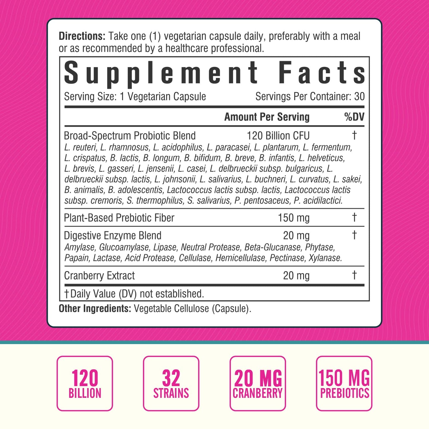 Nordvida Women's Probiotic, 120 Billion & 32 Strains with Cranberry, Prebiotics & Digestive Enzymes, Gut, Vaginal & Urinary Tract Support, 30 Delayed Release Capsules