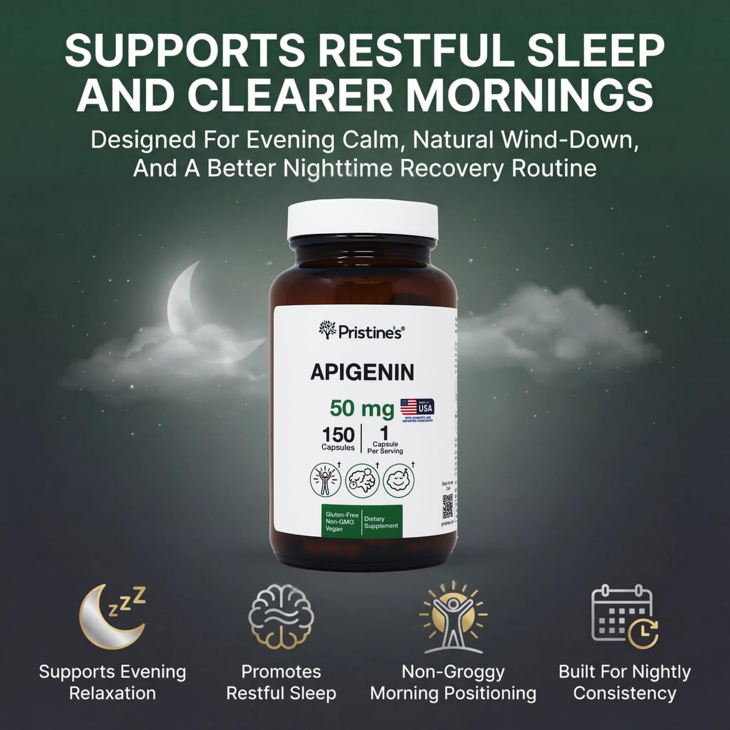 PRISTINE'S Apigenin Supplement for Sleep 50mg Capsule, 150 Count