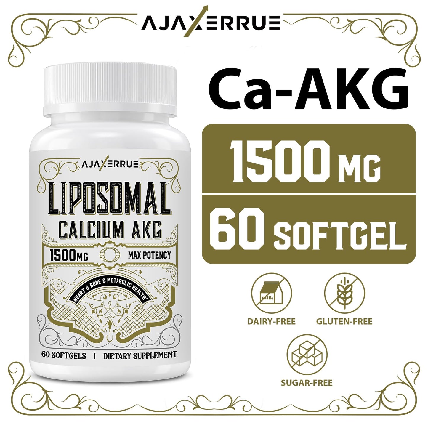 AJAXERRUE Liposomal Calcium AKG Supplement 1500 mg (Alpha-Ketoglutaric Acid) Softgels 60