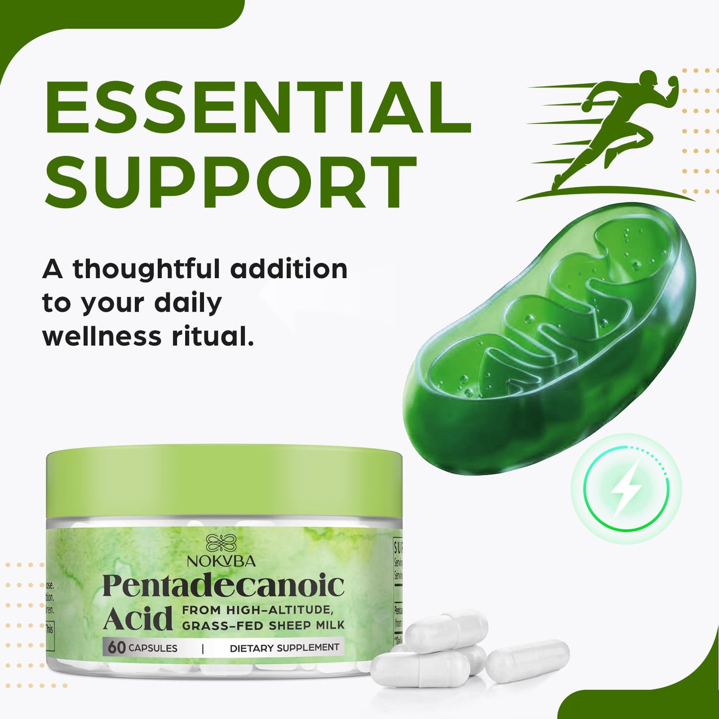 Nokvba Pentadecanoic Acid C15:0 Supplements 300mg High-Altitude Sheep Milk Sourced Capsules, 60 Count
