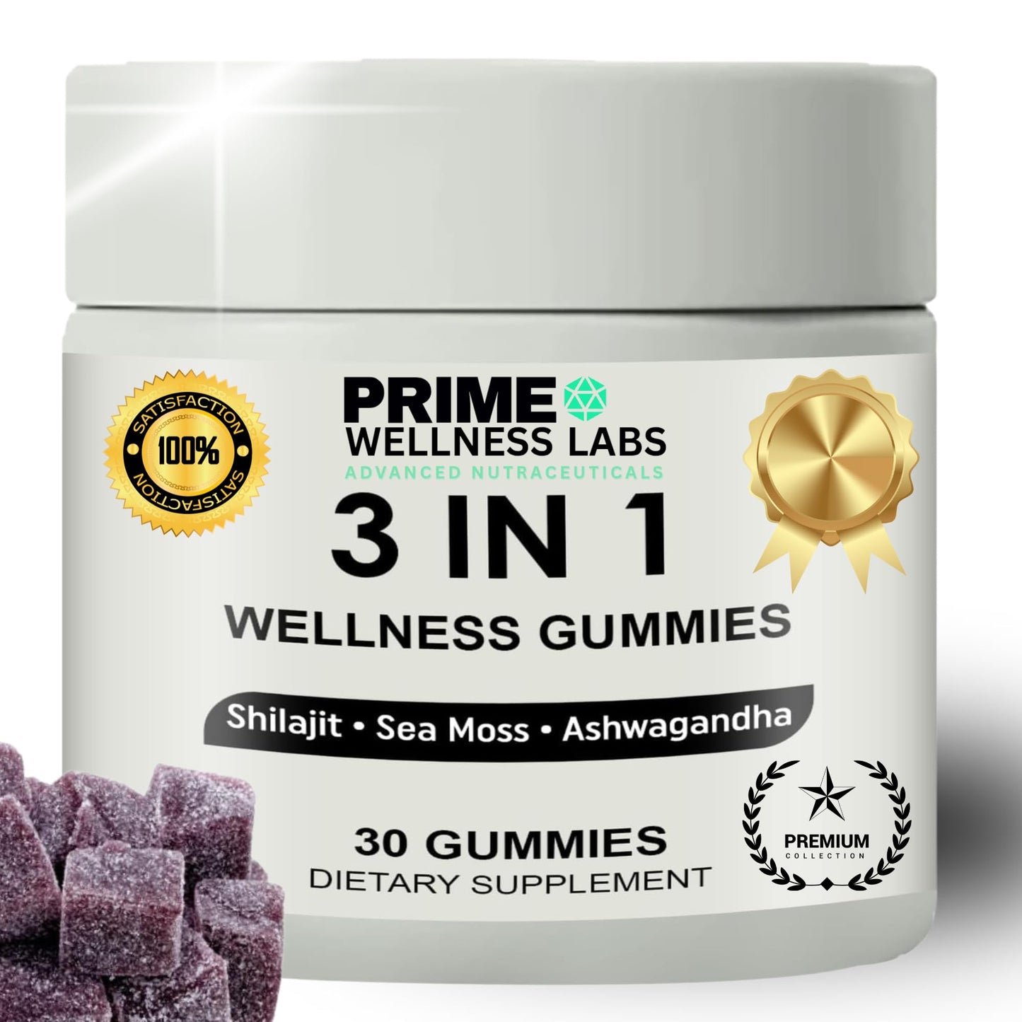 Prime Wellness Labs Ashwagandha, Shilajit & Sea Moss Gummies - 3-in-1 Formula – Energy, Immune Support & Stress Relief – Natural Daily Supplement for Men – 60 Gummies