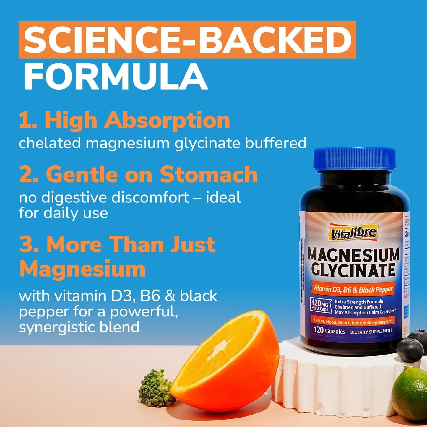 Vitalibre Magnesium Glycinate 420mg with Vitamin D3 B6, 120 Capsules