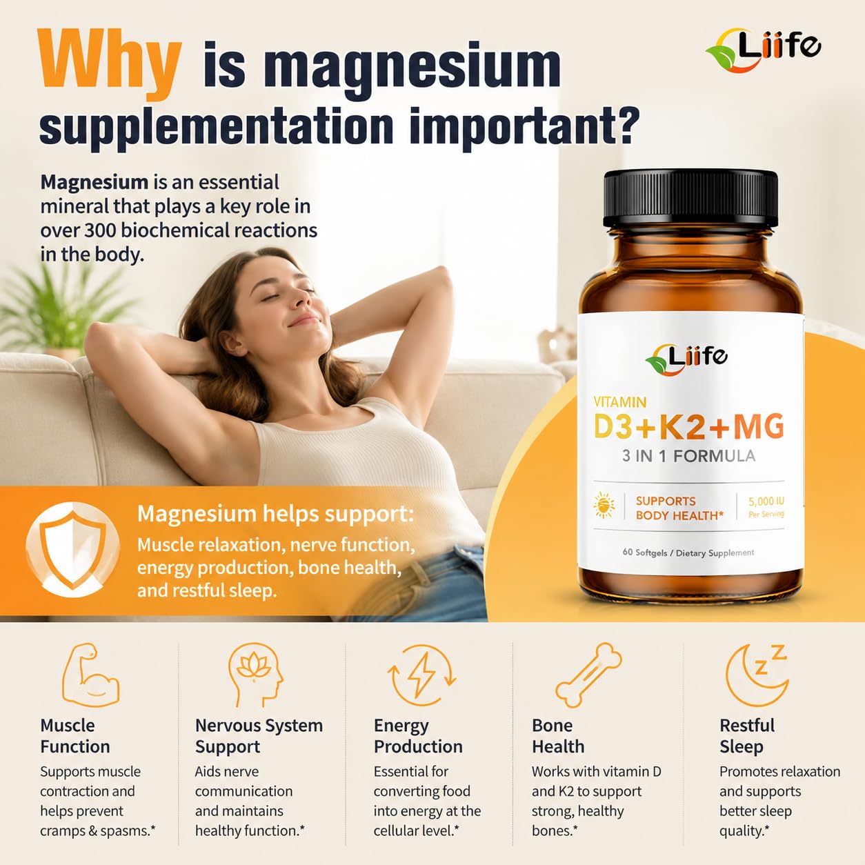 LIIFE D3 K2 with Magnesium Bisglycinate & B6, 5000 IU D3, MK7 & MK4 K2 Softgels, 60 Count