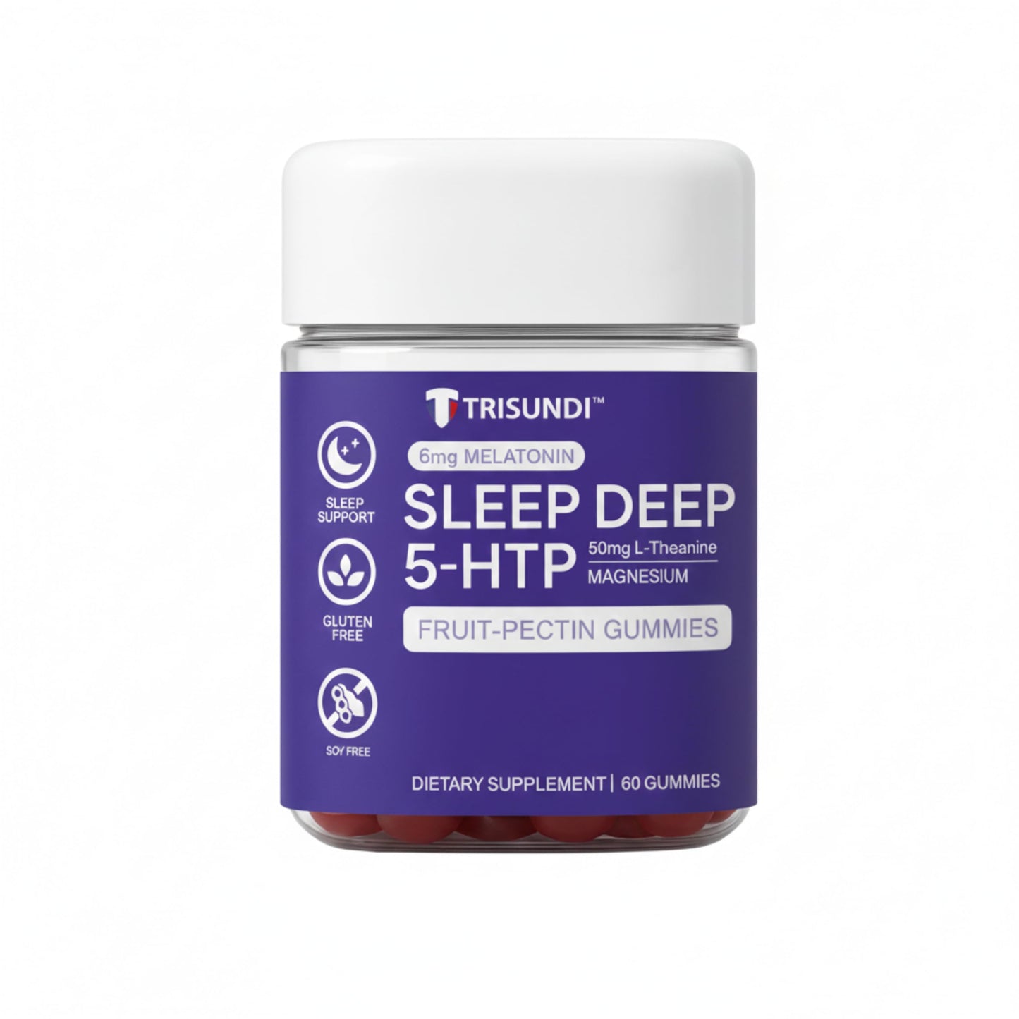 Trisundi Sleep Gummies Deep Relax 5-HTP Gummies – Melatonin, L-Theanine & Magnesium – Vegan Fruit-Pectin Formula – Gluten & Soy Free, 60 Gummies
