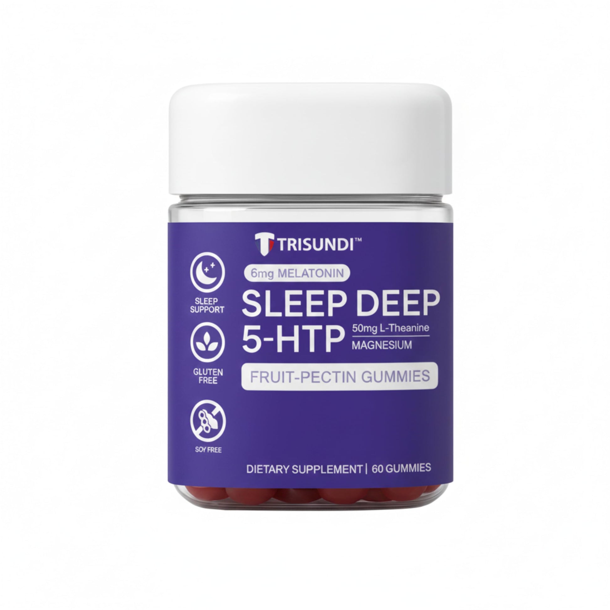 Trisundi Sleep Gummies Deep Relax 5-HTP Gummies – Melatonin, L-Theanine & Magnesium – Vegan Fruit-Pectin Formula – Gluten & Soy Free, 60 Gummies