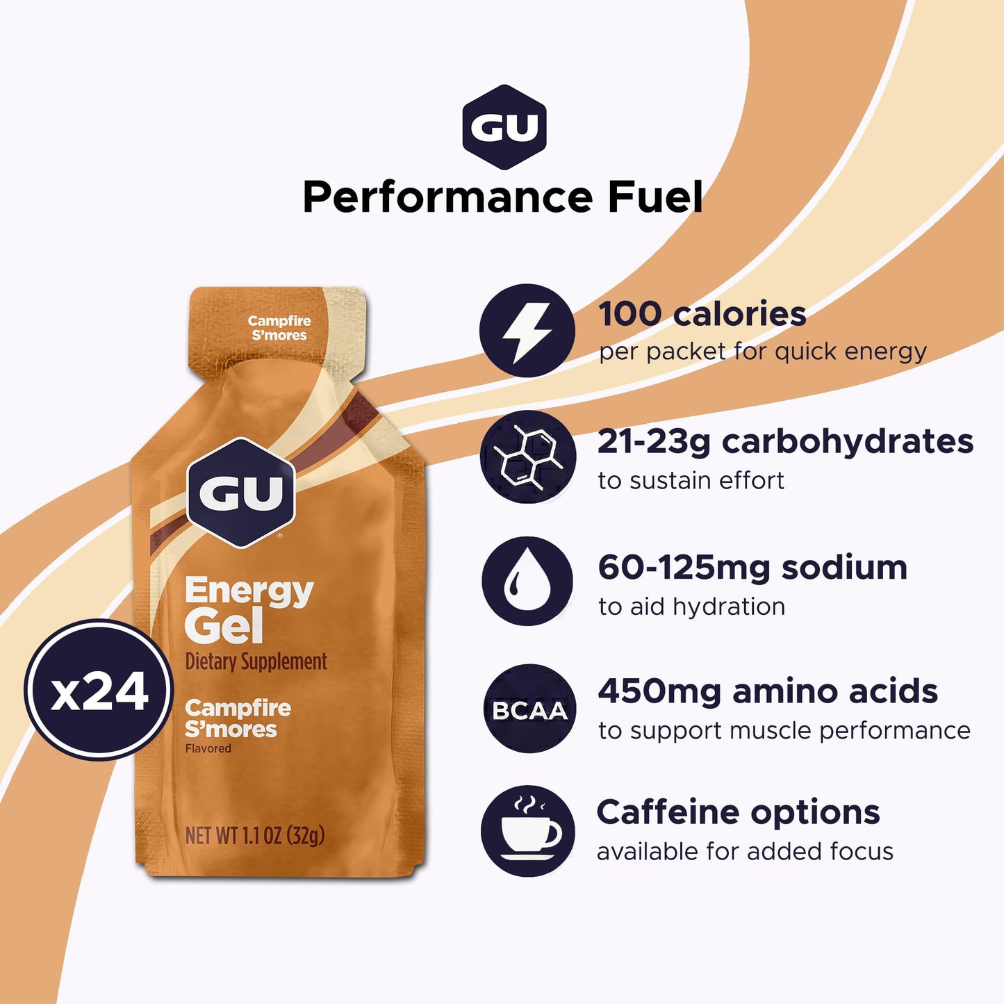 GU Energy Original Sports Nutrition Energy Gel, Vegan and Dairy-Free On-the-Go Energy for Any Workout, Campfire S'Mores, 24-Count