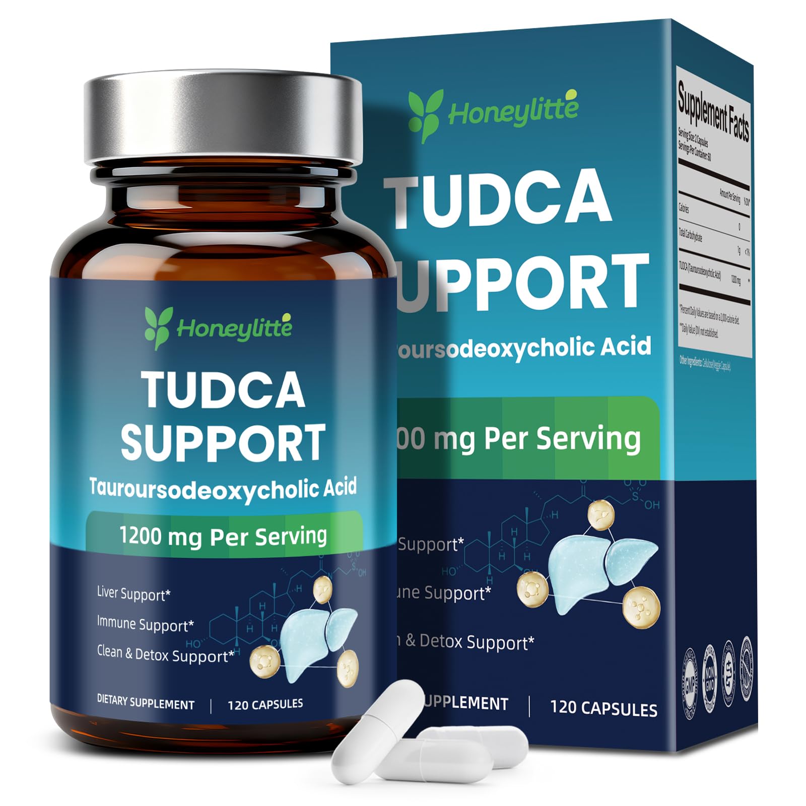 Honeylitte TUDCA 1200mg Bile Salts for Liver & Digestive Health Capsule 120 Count