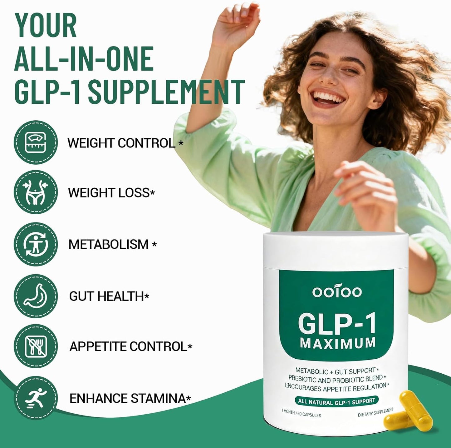ooioo GLP-1 Weight Loss Supplement with Berberine, Ceylon Cinnamon & Probiotic Blend for Appetite, GLP-1 Activate, Metabolism & Gut, Vegan, Non-GMO, Halal Capsules 60