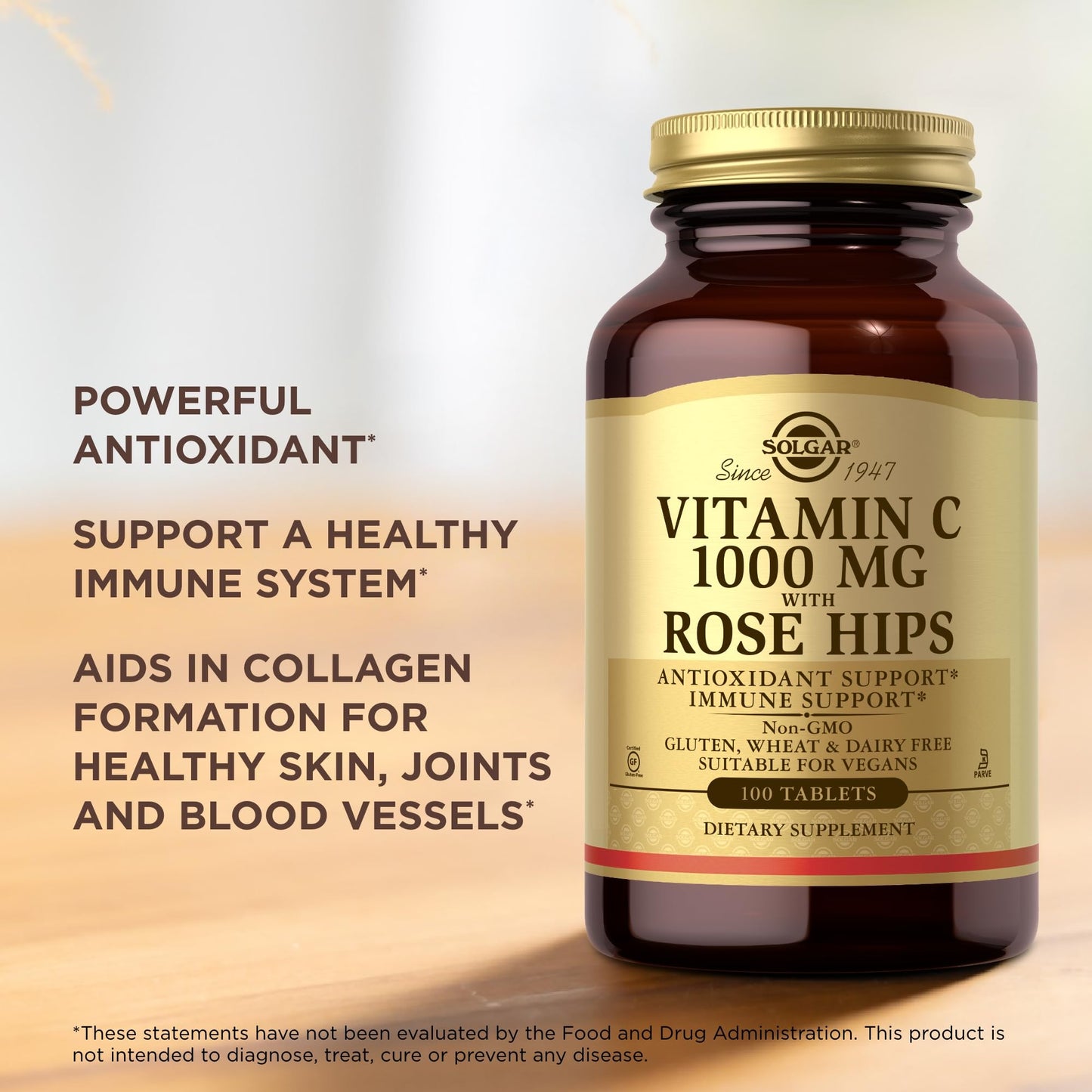 Solgar Vitamin C 1000 mg with Rose Hips Tablets, 100 Count