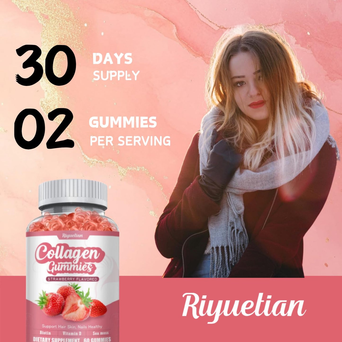 Riyuetian Gummy Collagen with Biotin - Hydrolyzed Collagen Peptides for Healthy Skin, Nails & Hair, Gluten Free & Non-GMO, 120 Gummies