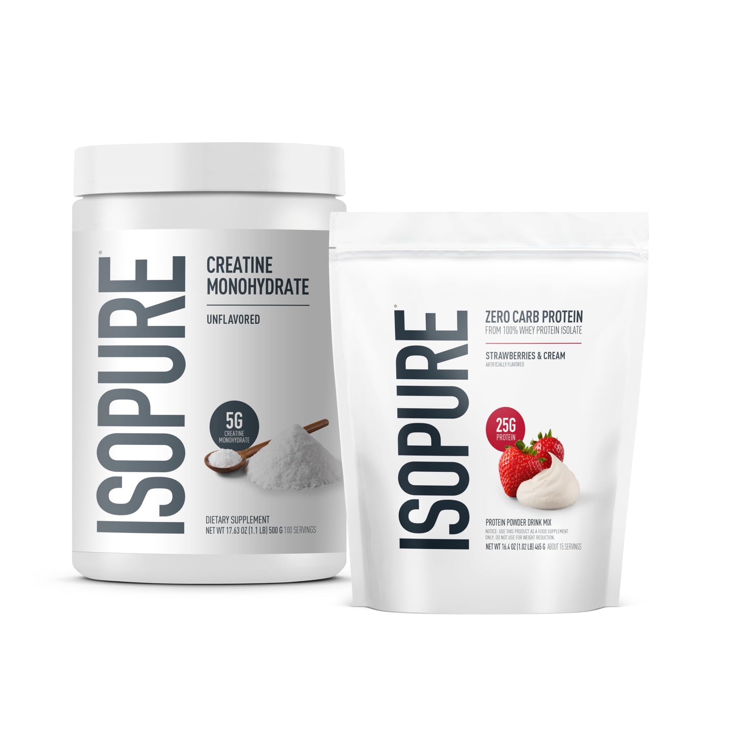 Isopure Zero Carb 100% Pure Whey Isolate Protein Powder, Strawberries & Cream, 1 lb, 15 Servings + Isopure Creatine Monohydrate Powder, 100 Servings
