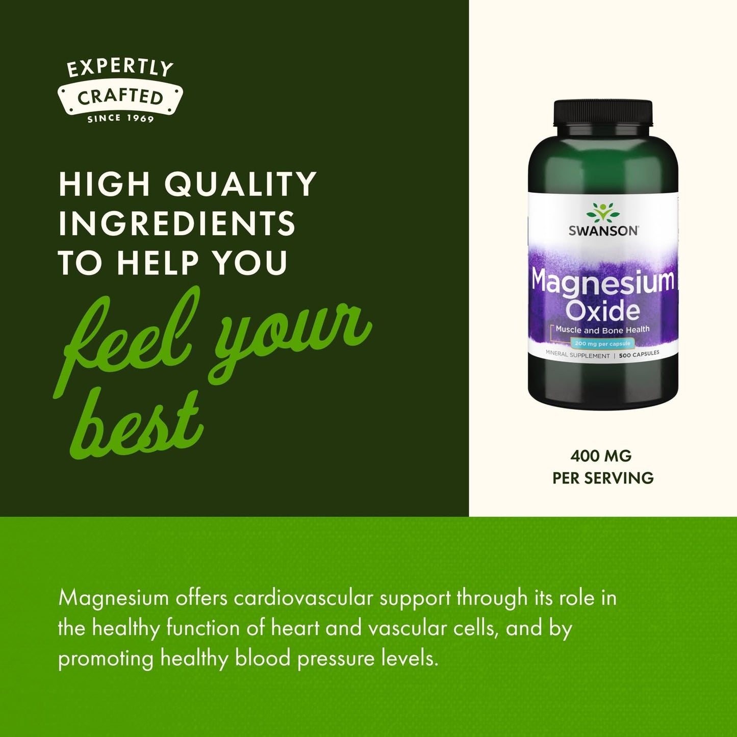 Swanson Magnesium Bone & Muscle Health Support 200 Milligrams (2 Capsules per 400 mg Serving Magnesium Oxide) 500 Capsules